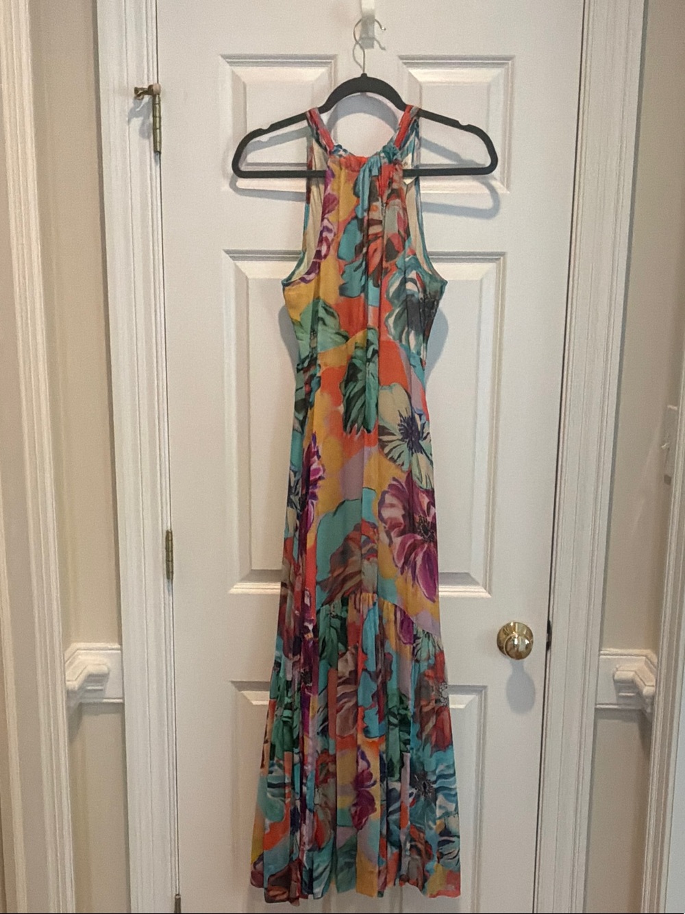 Maeve Floral Halter Maxi Dress in Turquoise, Yellow & Coral